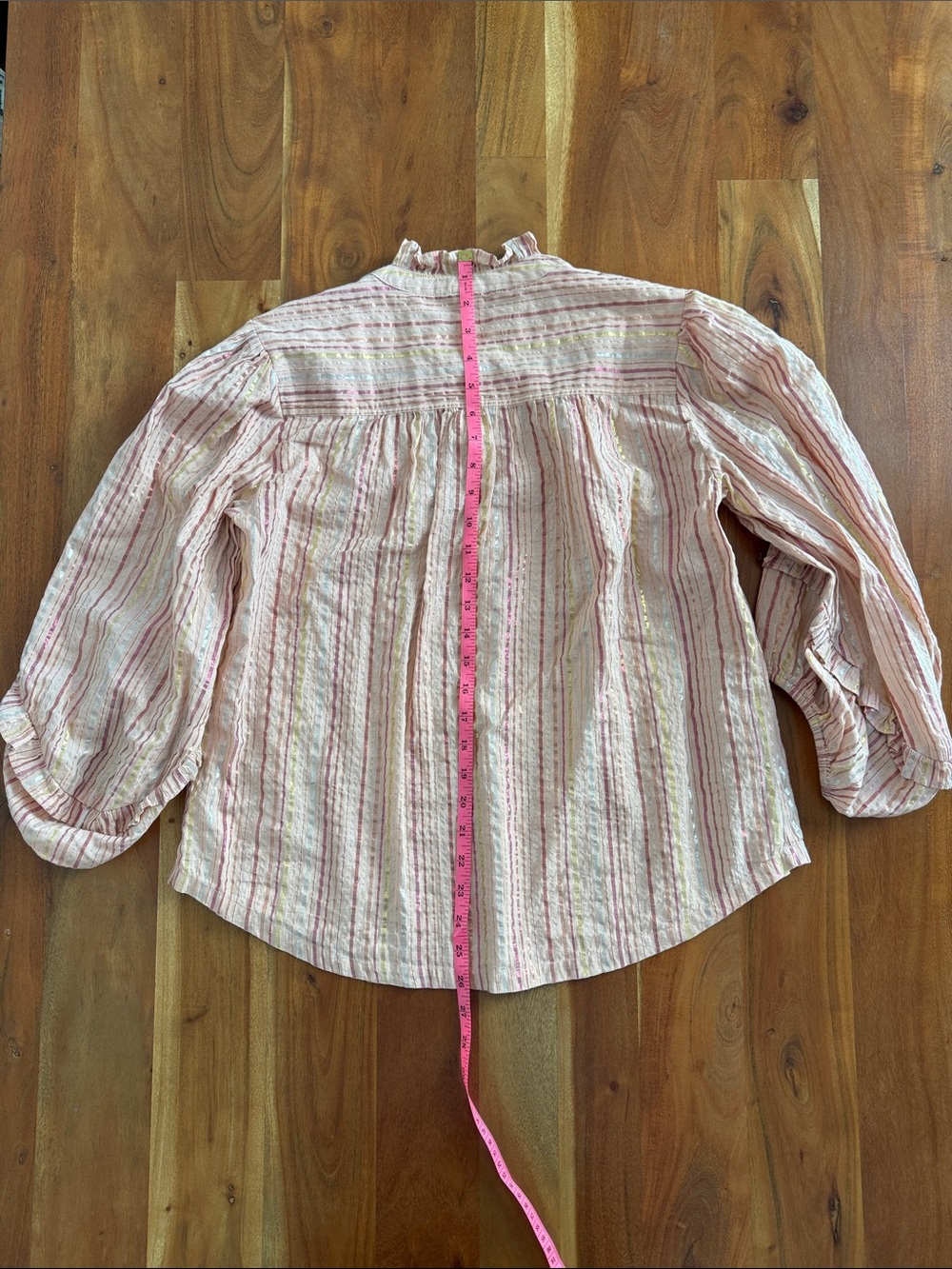 Light Pink Striped Ruffle Neck Blouse - Picture 9 of 14